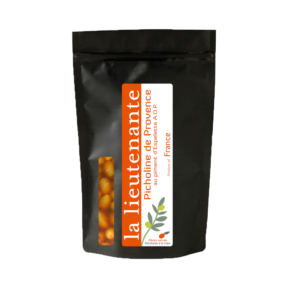 La Lieutenante - Grünen Oliven pasteurisierten - Picholine von Provence mit Espelette pfeffer